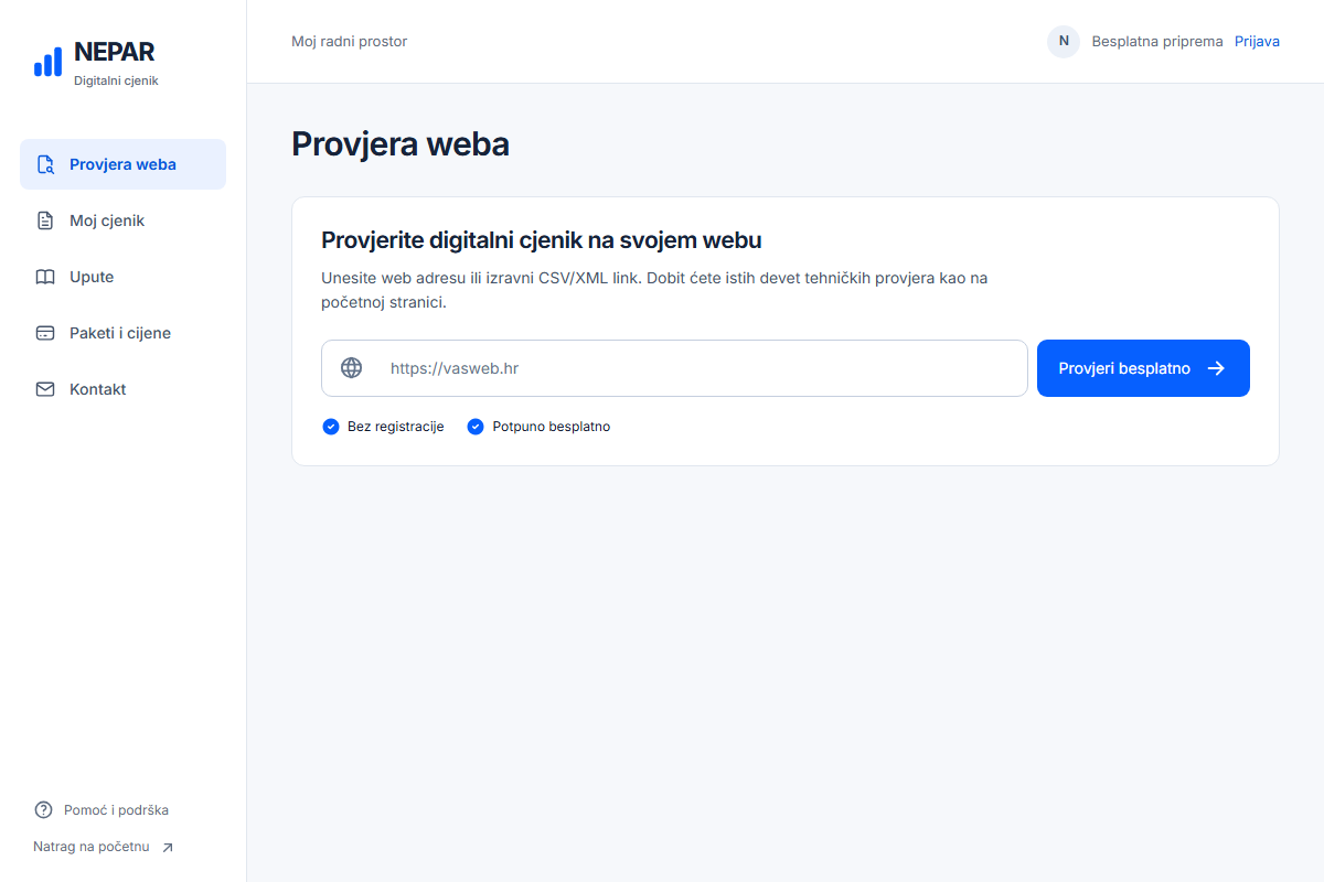 NEPAR dashboard provjere weba: polje adrese i objašnjenje devet provjera, prije pokretanja analize